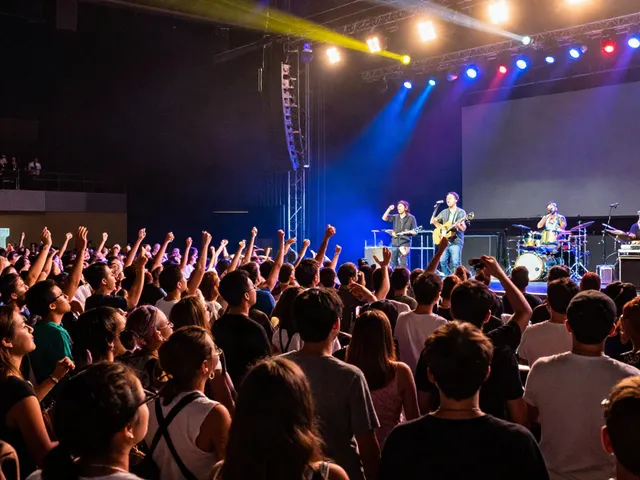 A lively concert scene featuring fans enjoying a performance at https://kurpramogauti.lt/ concert arena, showcasing vibrant lights and musicians.