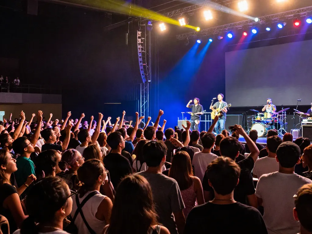 A lively concert scene featuring fans enjoying a performance at https://kurpramogauti.lt/ concert arena, showcasing vibrant lights and musicians.