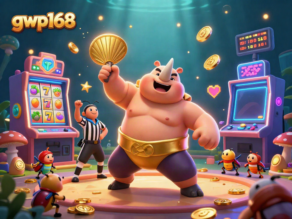 GWP168 menampilkan juara sumo belalang rhinoceros memukulkan koin emas di mesin slot berwarna-warni