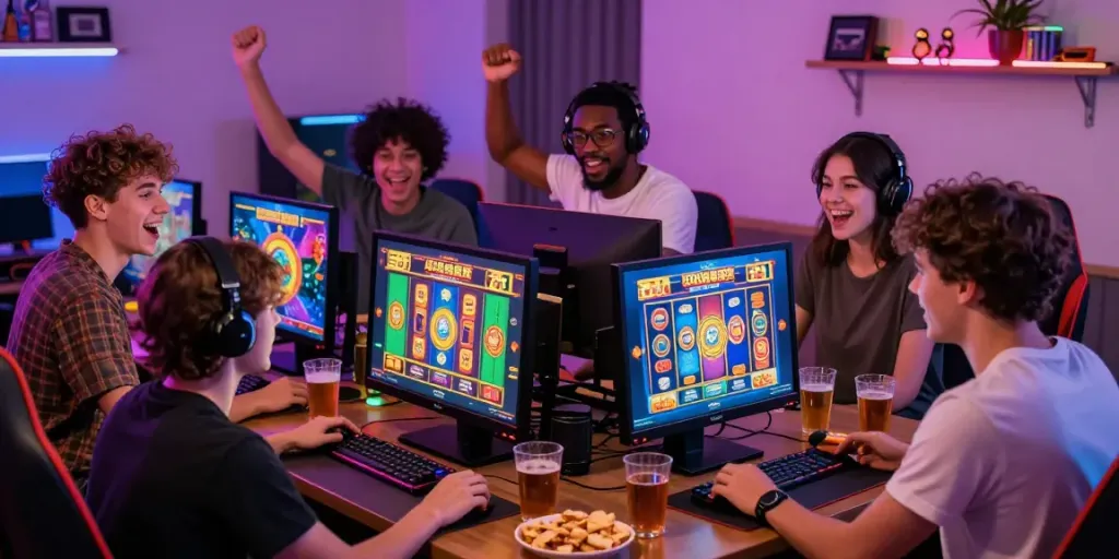 Friends enjoying an exciting slot88 gaming experience with vibrant screens and a cozy atmosphere