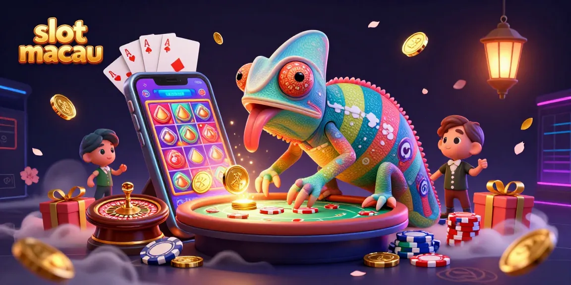 Explore exciting wins at slot macau with a colorful illustration featuring a chameleon casino owner amidst dynamic gaming elements.