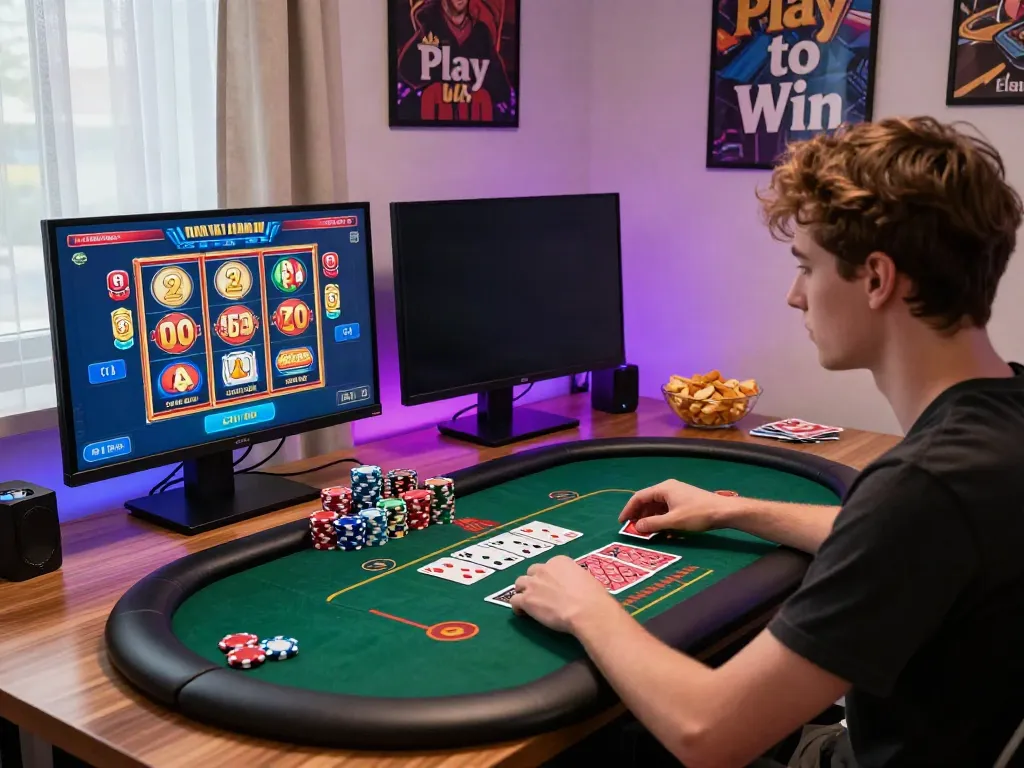 Akujp gaming setup with vibrant lights, poker chips, and screens showing online games.