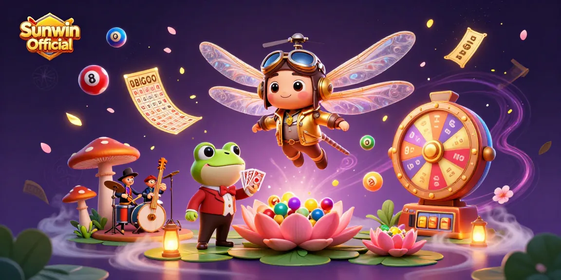 Play and win with Sunwin Official at a vibrant lily pad casino in a colorful fantasy setting.