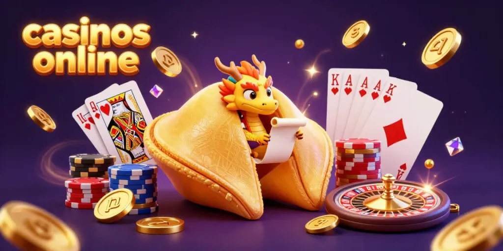 Disfruta de la energía de los casinos online con una hermosa ilustración digital de una galleta de la suerte y un dragón sabio rodeado de fichas y oro.