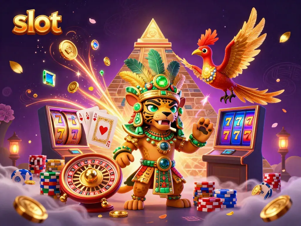 Experience dynamic slot action with a Mayan jaguar priest, vibrant slot reels, and jackpot symbols.
