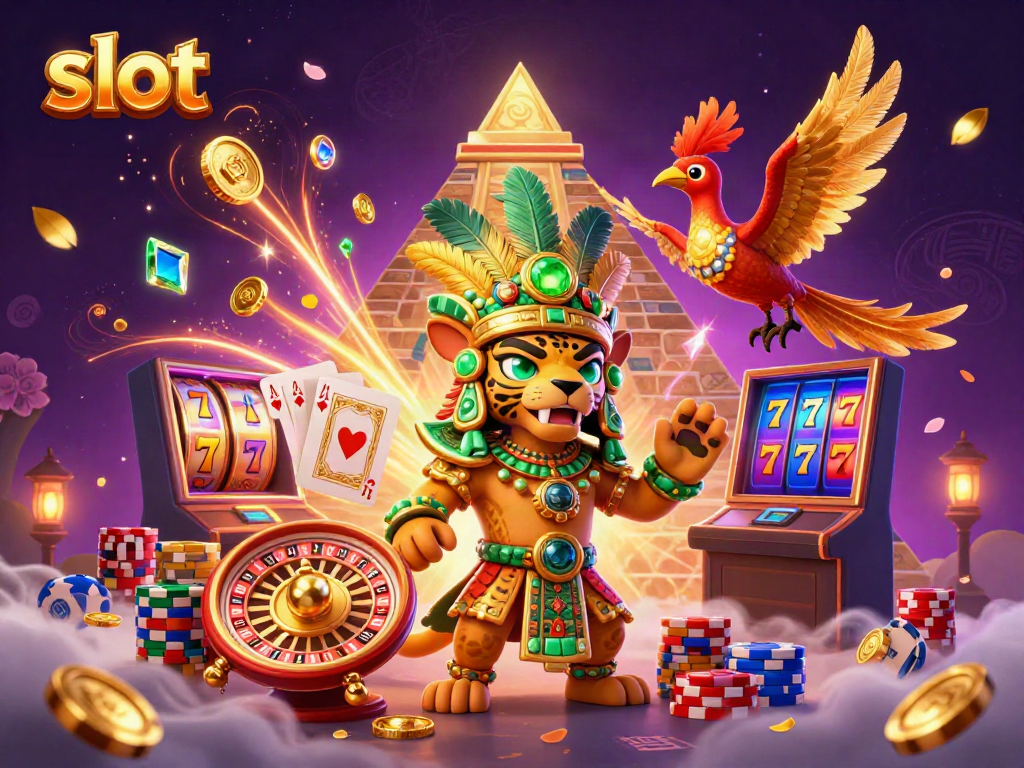 Experience dynamic slot action with a Mayan jaguar priest, vibrant slot reels, and jackpot symbols.