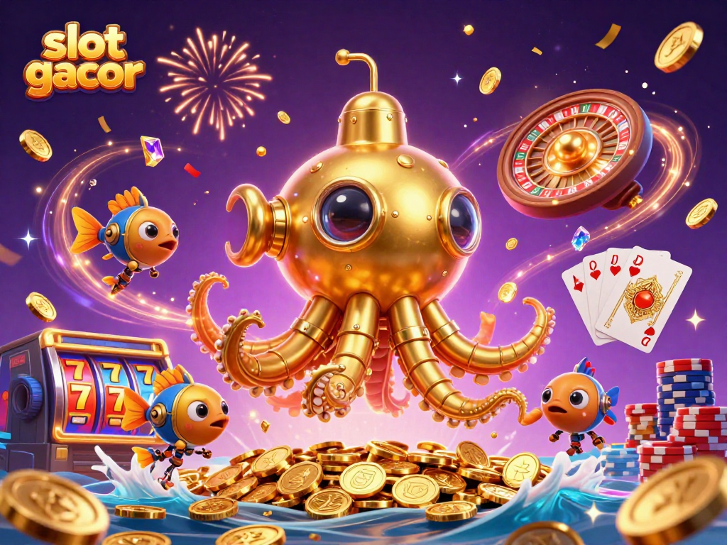 Spin slot gacor reels with golden kraken submarine and dazzling casino elements.