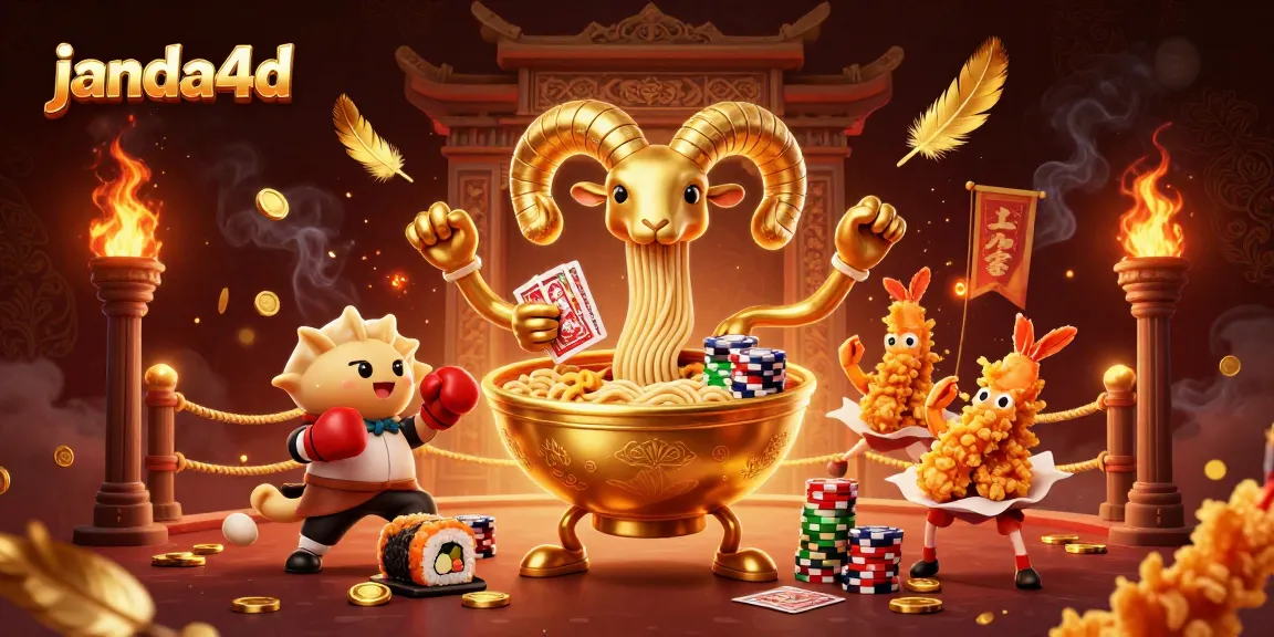 Permainan judi janda4d menampilkan mangkuk ramen emas raksasa yang bermain kartu di arena penuh koin dan bendera.