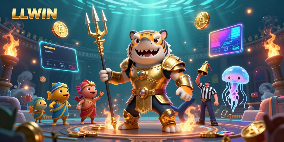 Experience the thrill of LLWIN with a dynamic underwater casino scene featuring a golden shark gladiator and crypto elements.
