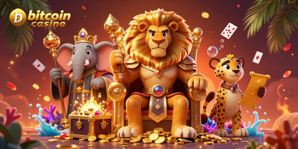 Experience the thrill of a bitcoin casino with vibrant characters and dynamic elements in this rich 3D illustration.