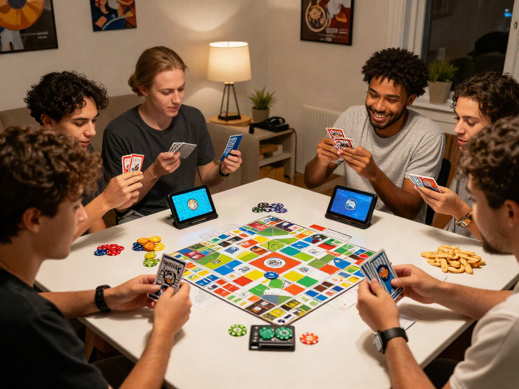Engaged friends playing Rumble Rummy in a cozy living room atmosphere.