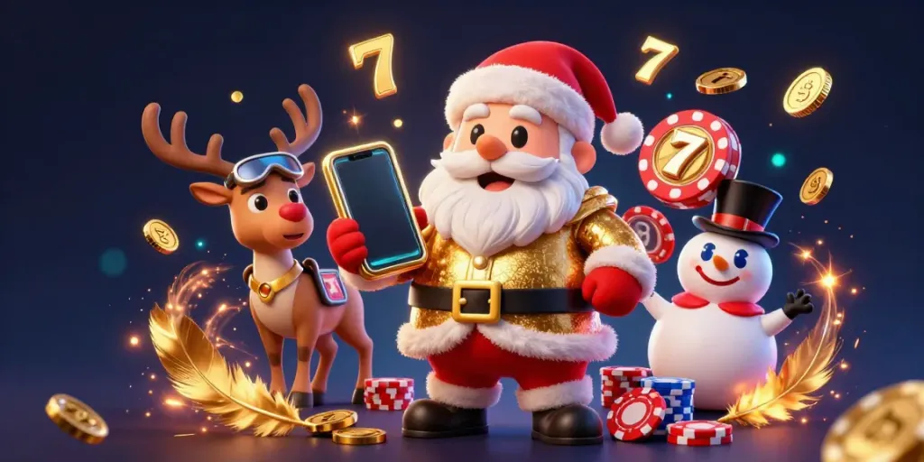 citybagelandcafe menjelaskan suasana kasino dengan karakter Santa, rusa, dan manusia salju.