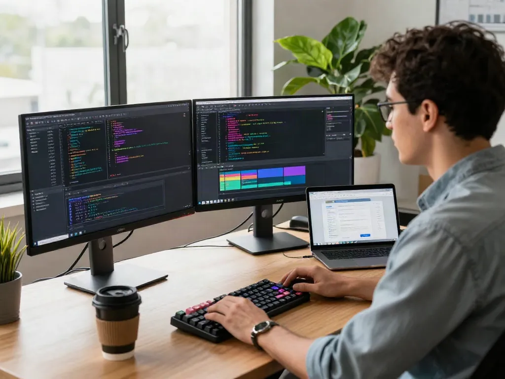 Developer coding at a modern workspace with https://alo8app.win/ displayed on screens, showcasing a vibrant tech environment.