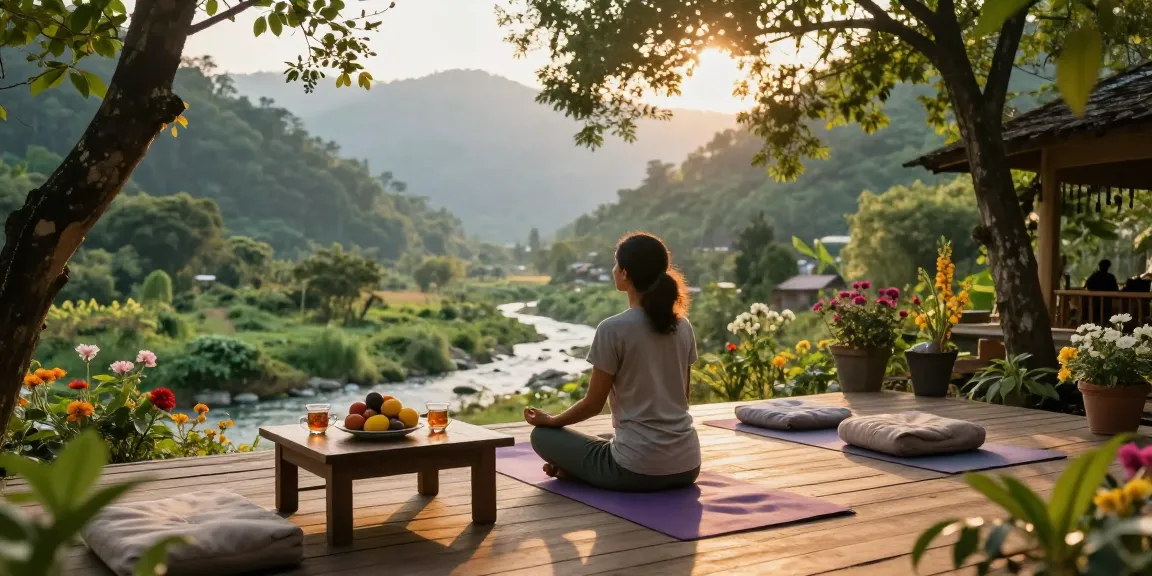 Relaxing yoga meditation scene at an Ayurveda wellness retreat in Rishikesh India featuring serene nature.