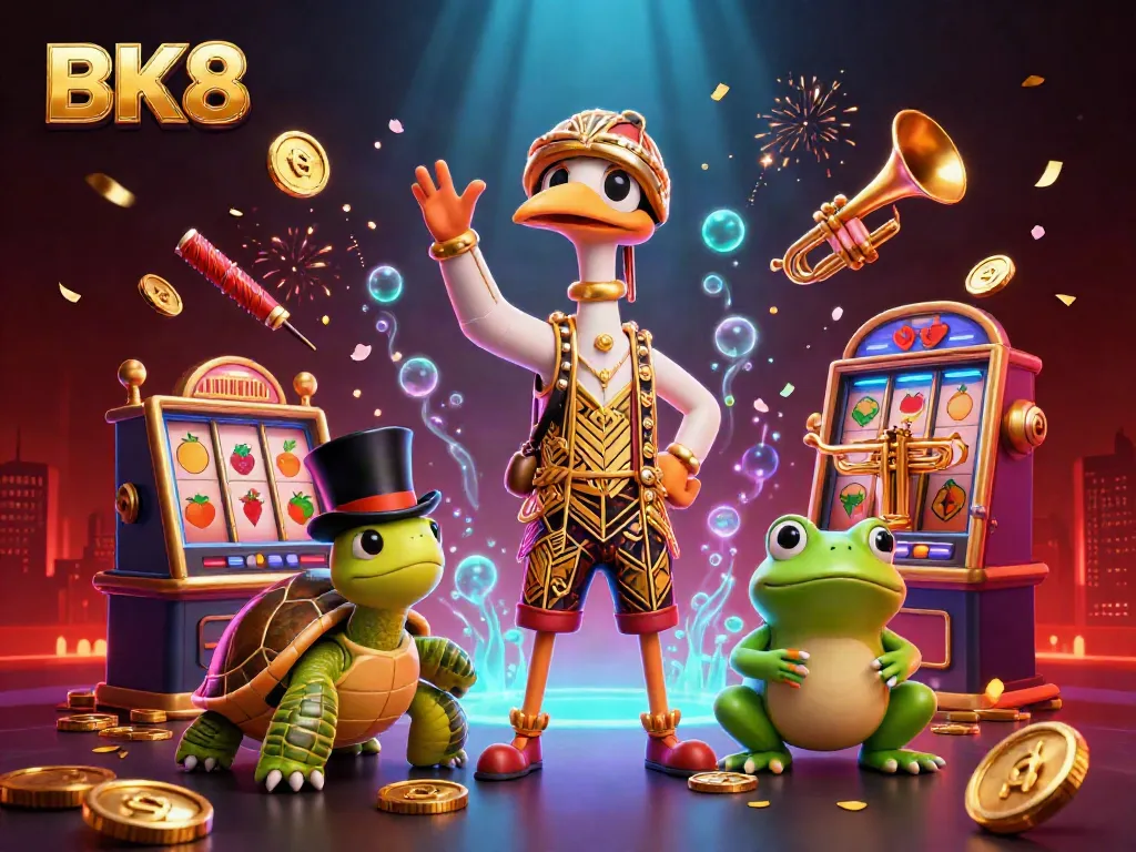 Experience the thrill of BK8 with vibrant 3D casino characters and dynamic gaming symbols.