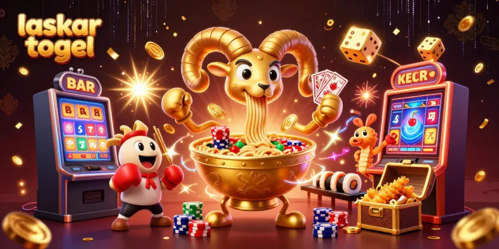 Experience the excitement of laskar togel with a playful online casino scene featuring vibrant characters and dynamic game elements.