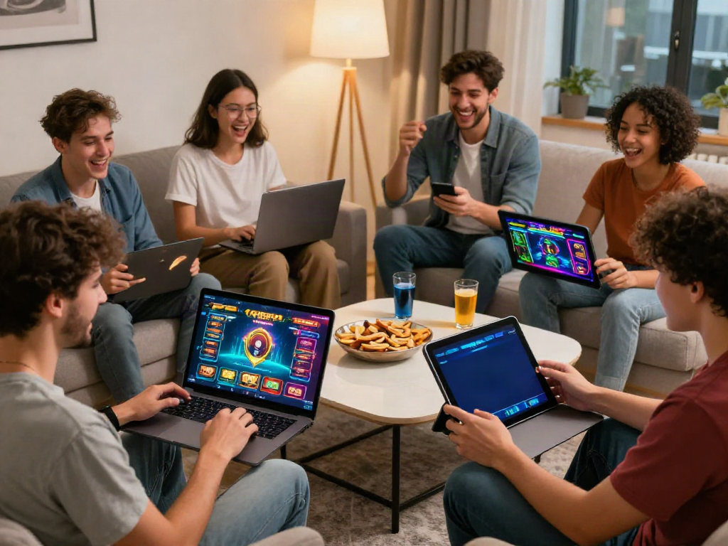 A80 online gaming scene with friends playing casino games on multiple devices in a vibrant living room.