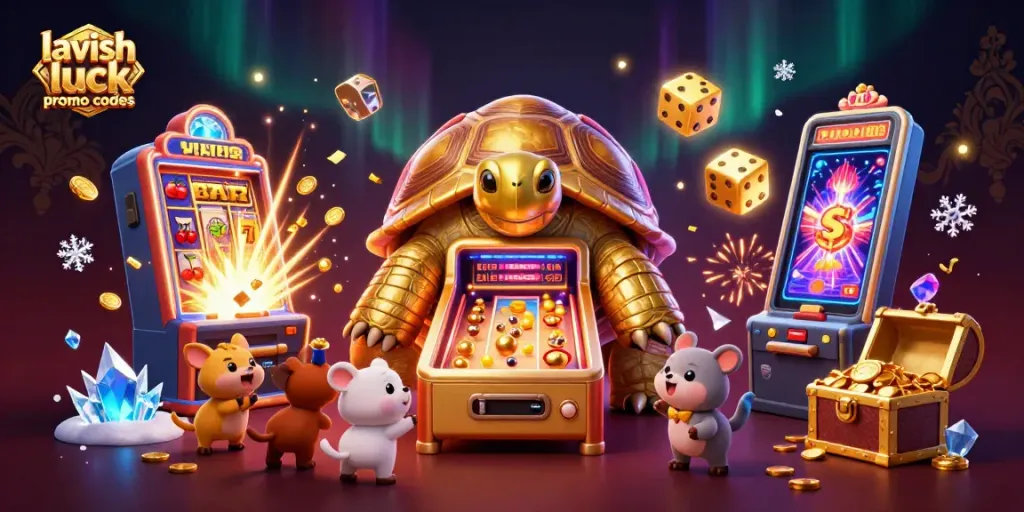 Win big with lavish luck promo codes as a golden tortoise and playful animals enjoy a vibrant casino scene.