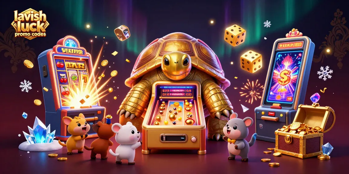 Win big with lavish luck promo codes as a golden tortoise and playful animals enjoy a vibrant casino scene.