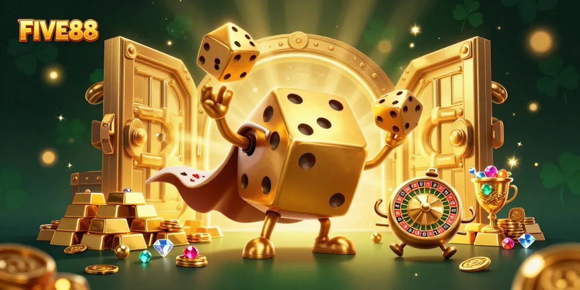 Engage with the vibrant FIVE88 casino scene featuring a golden dice golem and sparkling treasures.
