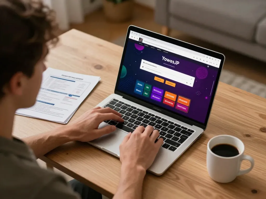 Engaging in online gambling, the user logs into YowesJP for betting strategy in a modern home office.
