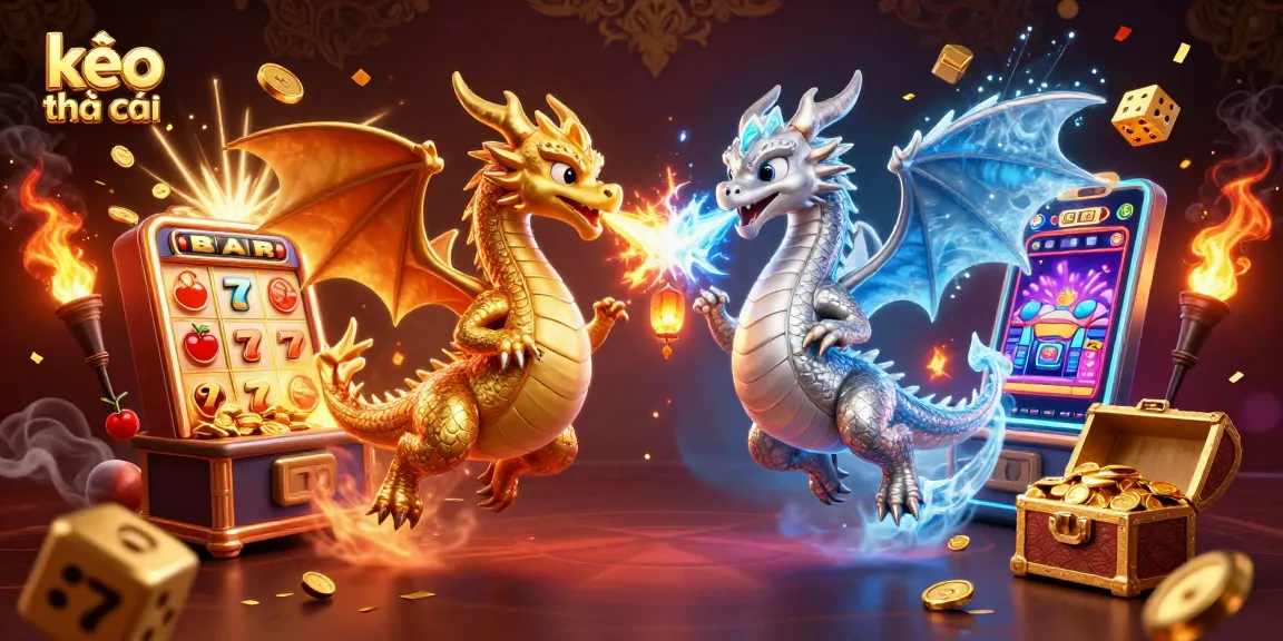 Engaging scene showcasing kèo nhà cái with dynamic dragons and bursting slot machine for exciting casino action.