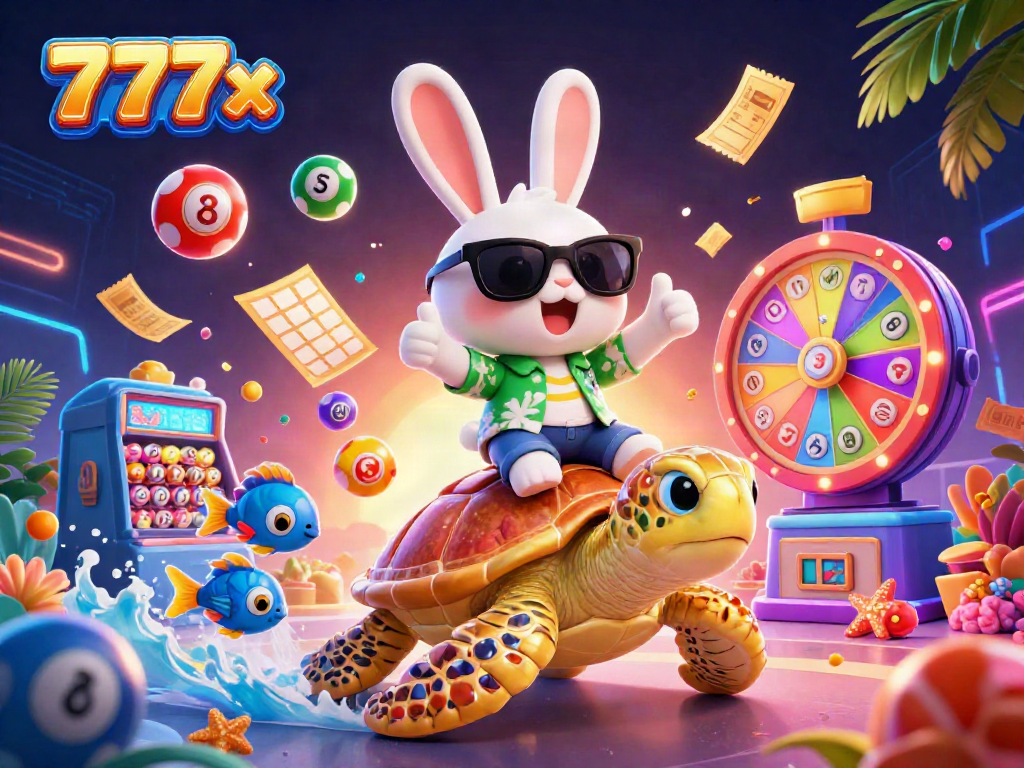 Enjoy the thrilling excitement of 777x with a cartoon rabbit and sea turtle surrounded by colorful lottery elements.
