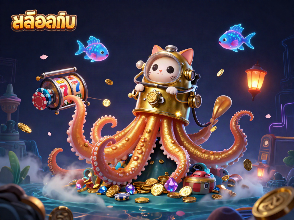 Play สล็อตทดลอง with immersive slots, vibrant gold coins, and enchanting characters in a rich casino-themed scene.