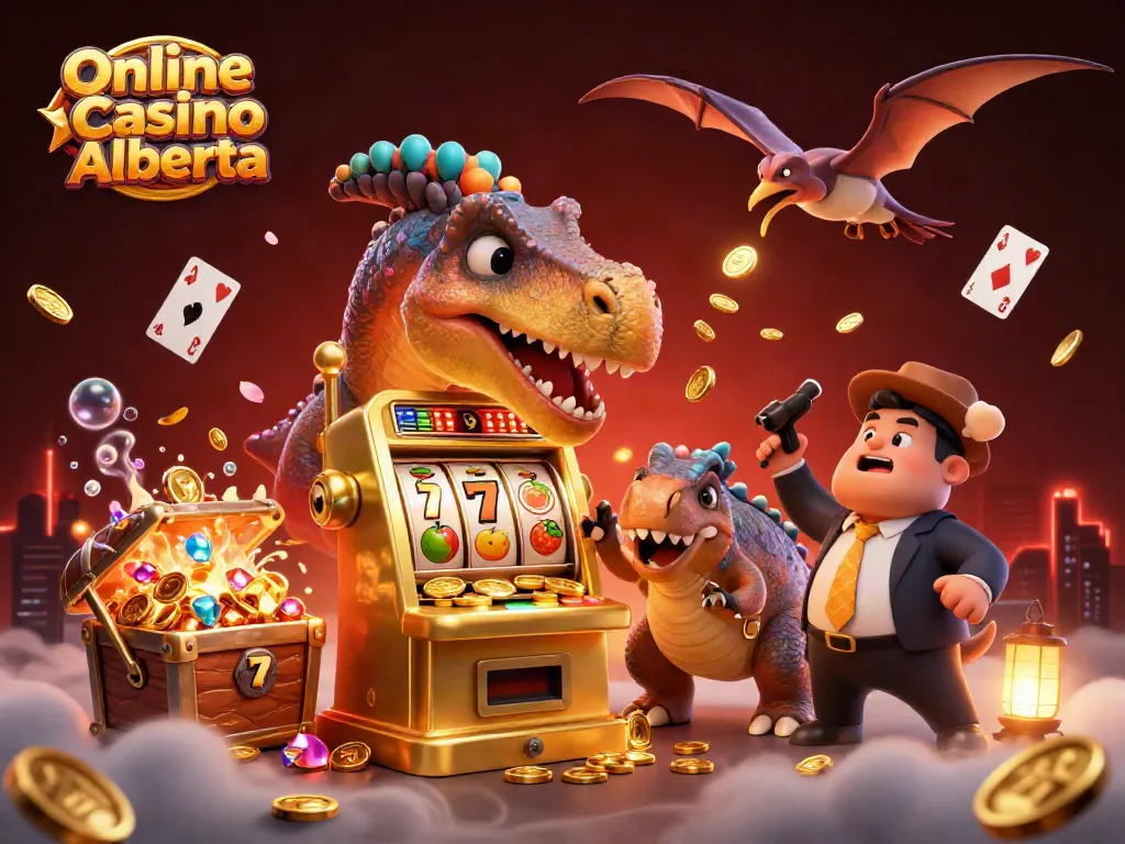 Experience the thrill of Online Casino Alberta as a cartoon dinosaur celebrates a jackpot win with golden coins.