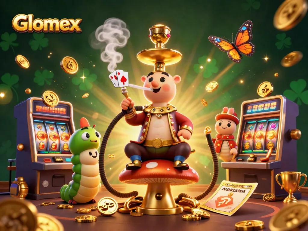 Engage with Glomex in an exciting casino scene featuring vibrant characters and dynamic slot elements.