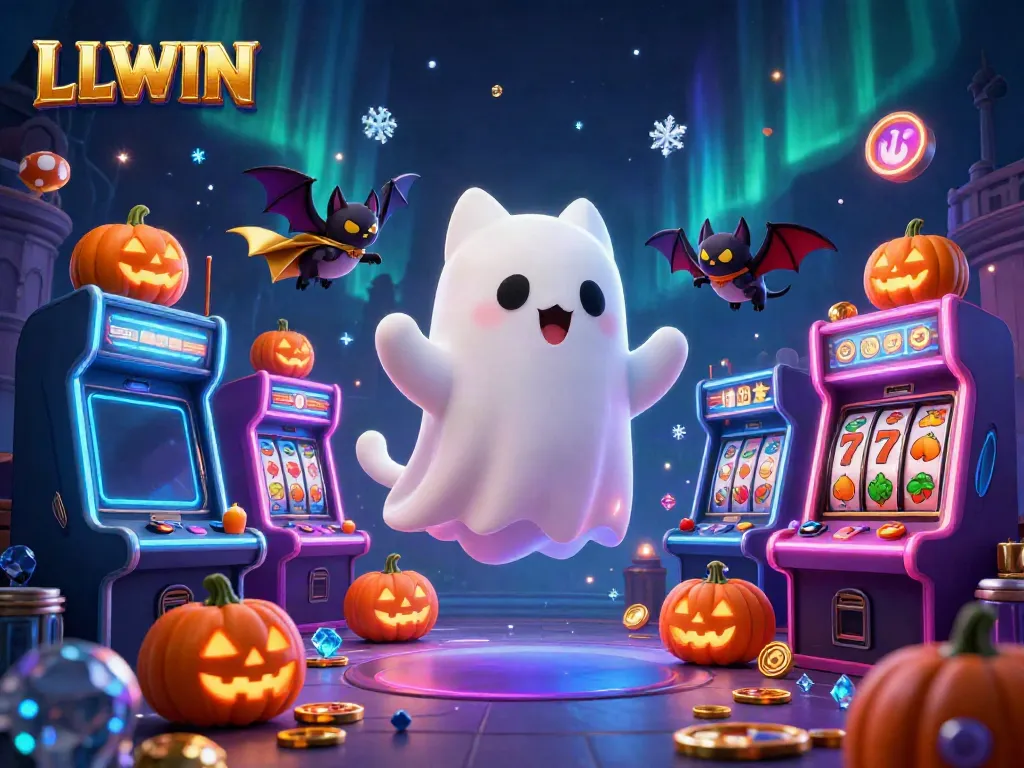 LLWIN showcases thrilling characters in a vibrant casino scene filled with slot reels, arcade machines, and a ghost cat.