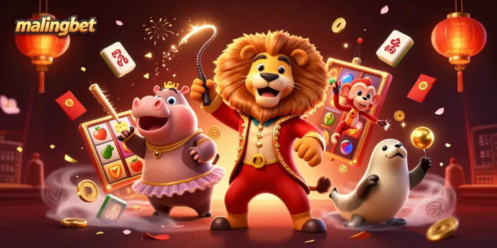 Malingbet menampilkan singa direktur sirkus 3D dengan bank lampu memukau dan elemen permainan slot yang berkilauan.
