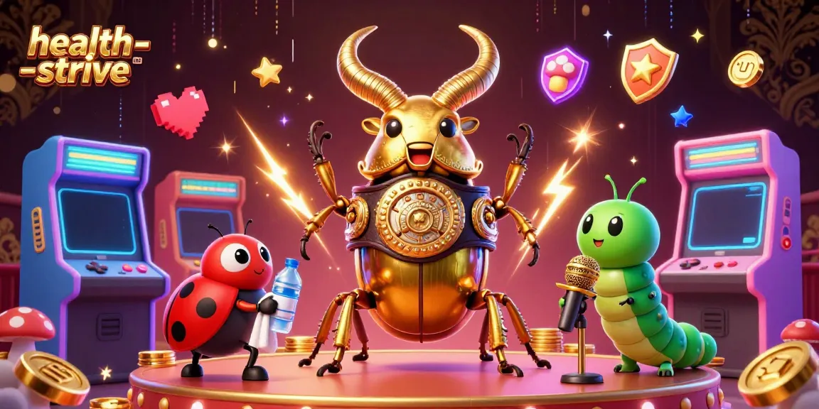 Menggairahkan pengalaman permainan di health-strive dengan karakter dan mesin arcade cerah dalam ilustrasi 3D.