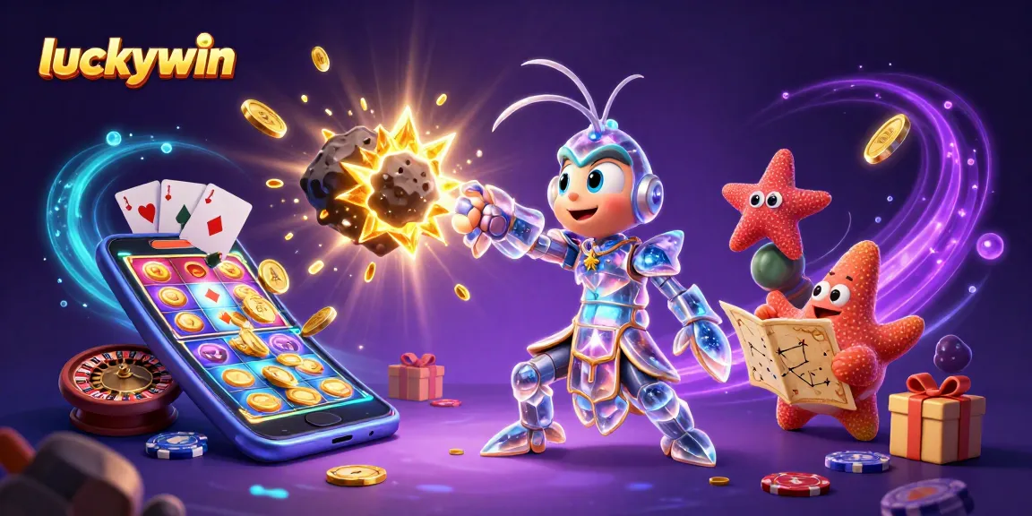Win big with luckywin: 3D cartoon galactic samurai mantis shrimp in a vibrant casino-themed scene.