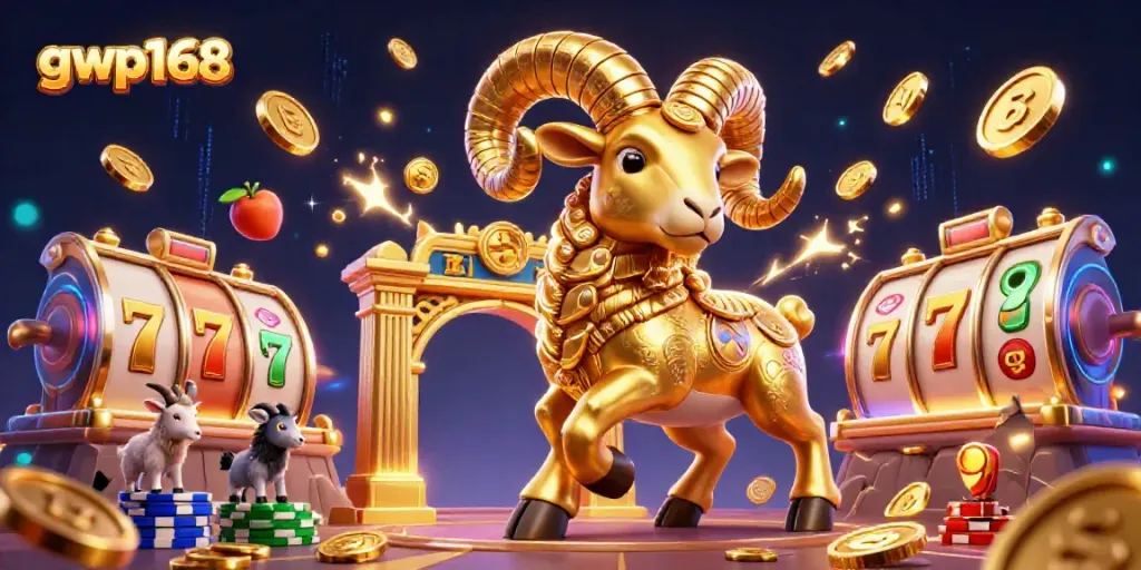 Permainan slot luar biasa di gwp168 dengan domba emas dan simbol keberuntungan.