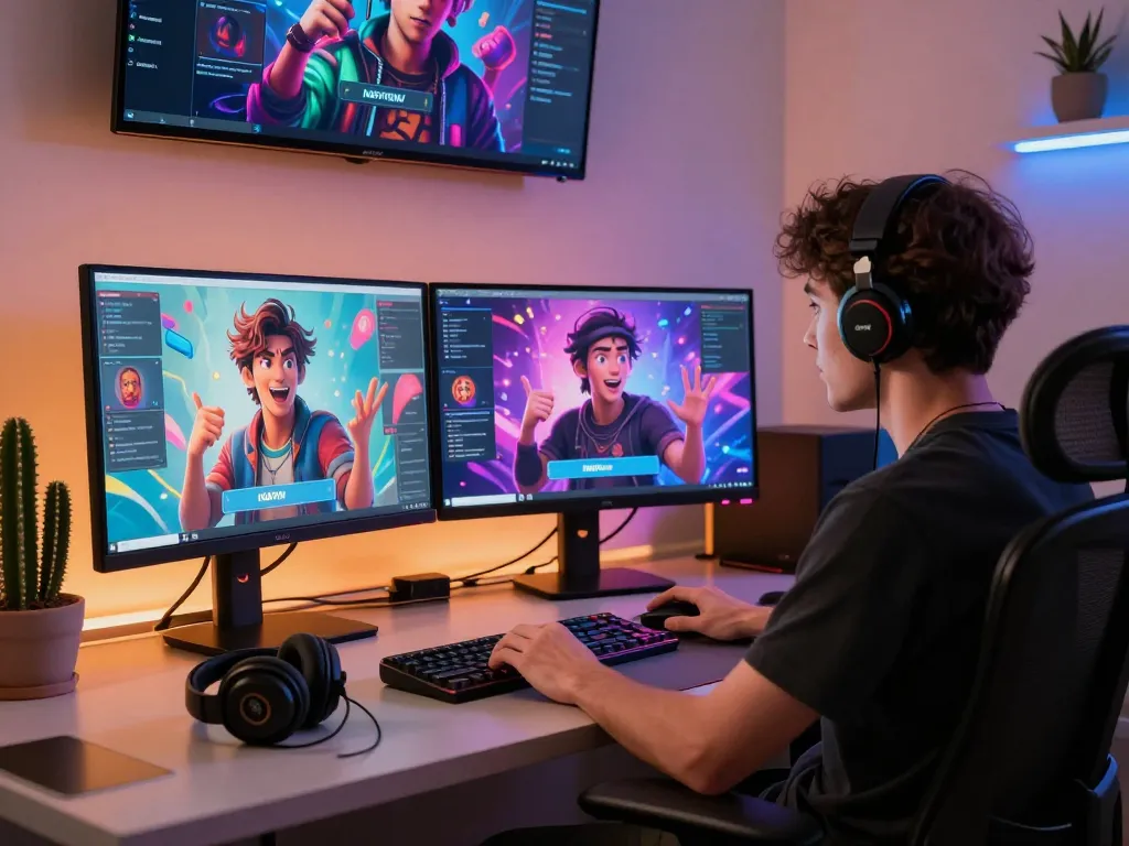 An engaging workspace featuring NSFW AI character interactions on dual monitors, showcasing lively digital conversations and modern tech ambiance.