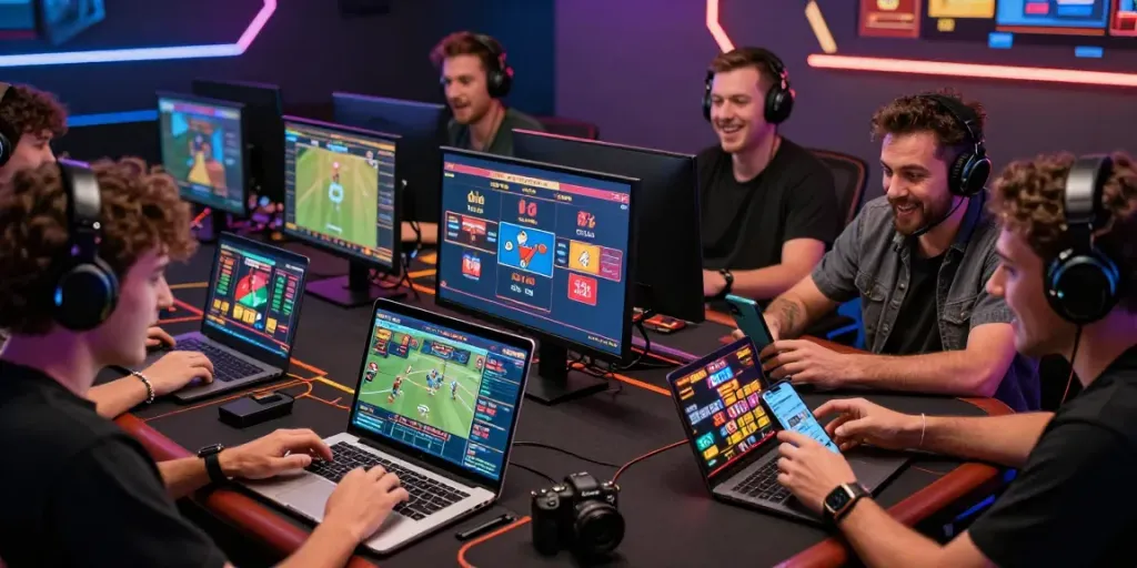 Players enjoying lotus365 online betting with vibrant screens and tech gadgets.