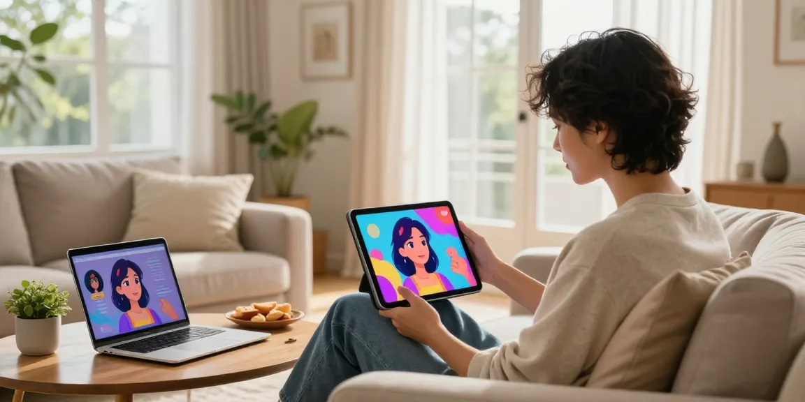 Engaging with an AI girlfriend on a tablet in a cozy living room setting.