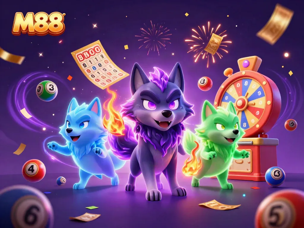 Engage with M88 in a vibrant casino scene featuring mystical wolves and colorful gaming elements.