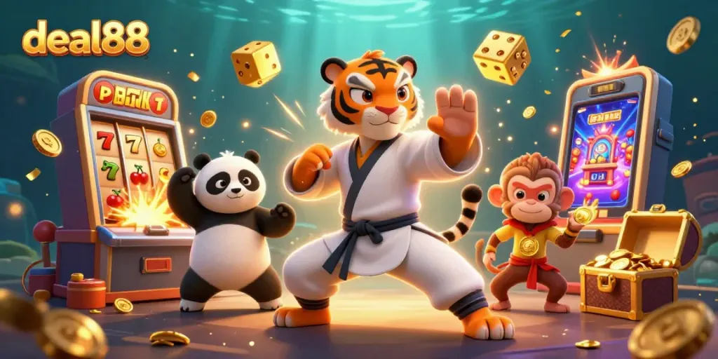 Experience the thrill of deal88 with a kung fu tiger master, slot machines, and golden treasures.