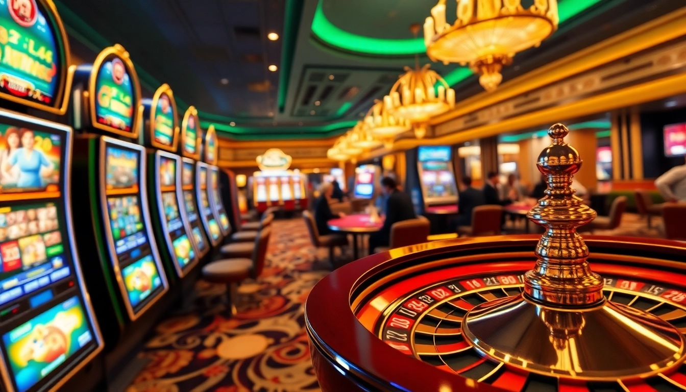 Players enjoying thrilling games at x88 casino with vibrant slot machines and poker tables.