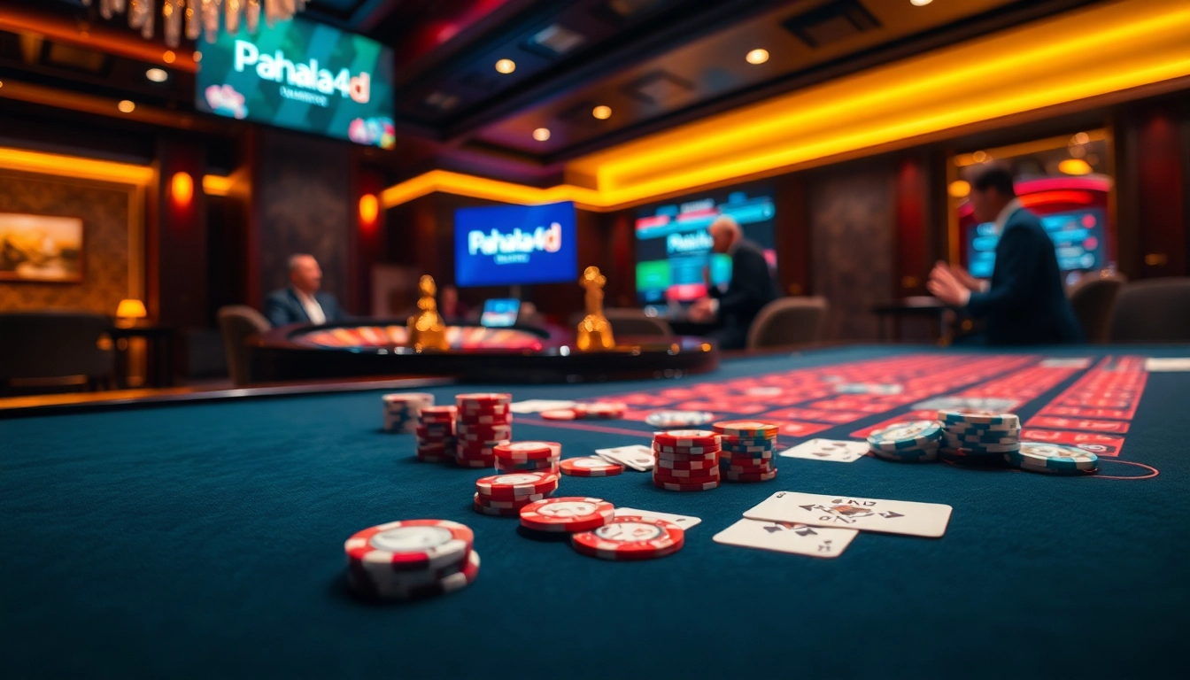Pahala4d players engaging with high-stakes poker chips and a roulette wheel in a luxury casino scene.
