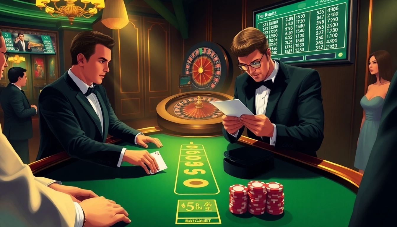 Togel china players engaging in baccarat at a luxurious casino with live results displayed.