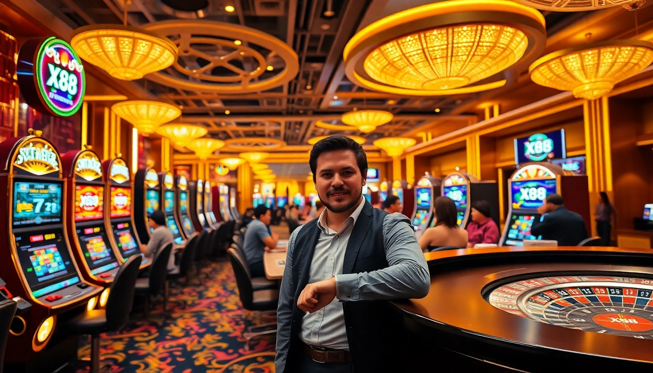 Exciting gambling scene with nhà cái X88 logo prominently displayed at a professional casino.
