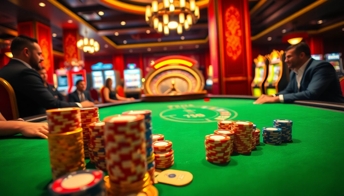 Engaging scene at TR88 CASINO featuring a luxurious poker table and roulette wheel, creating an exciting gambling atmosphere.