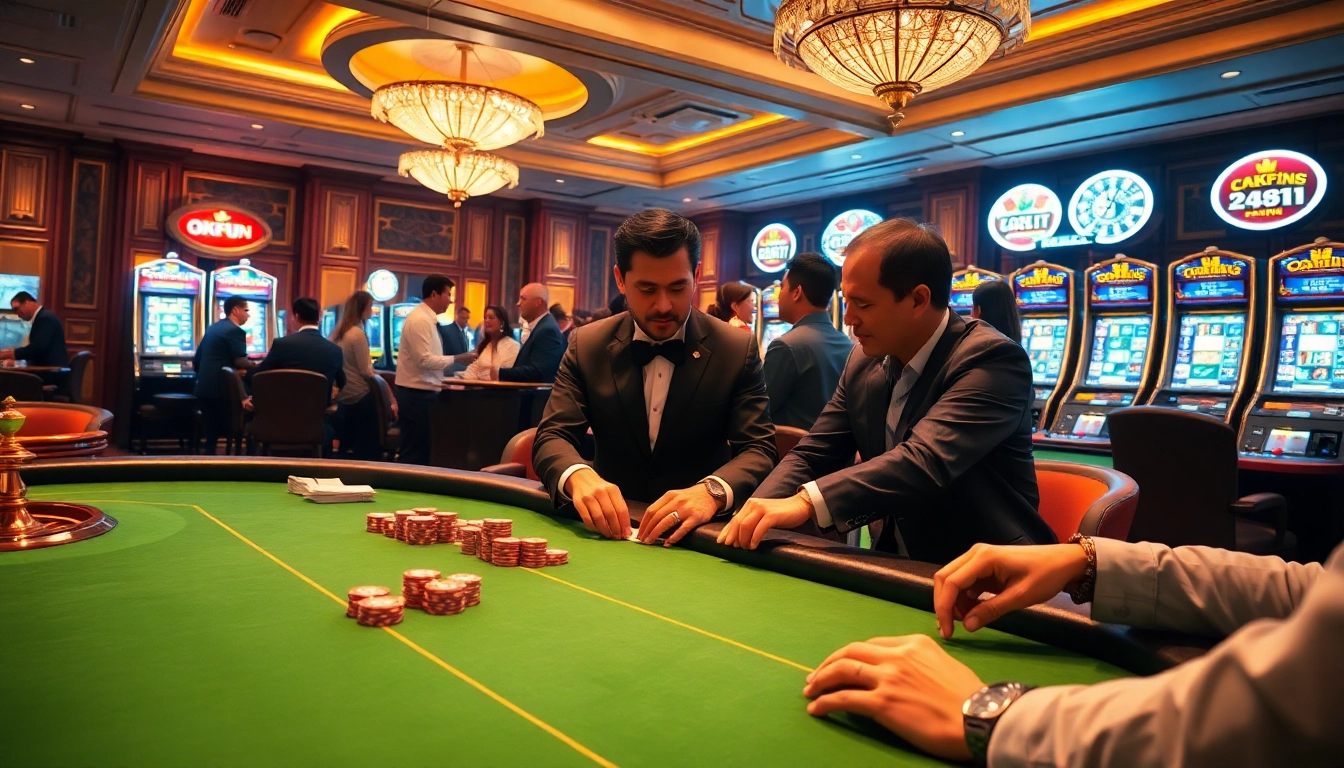 Players immerse themselves in the vibrant atmosphere of OKFUN's luxurious casino, engaging with tables and slot machines.