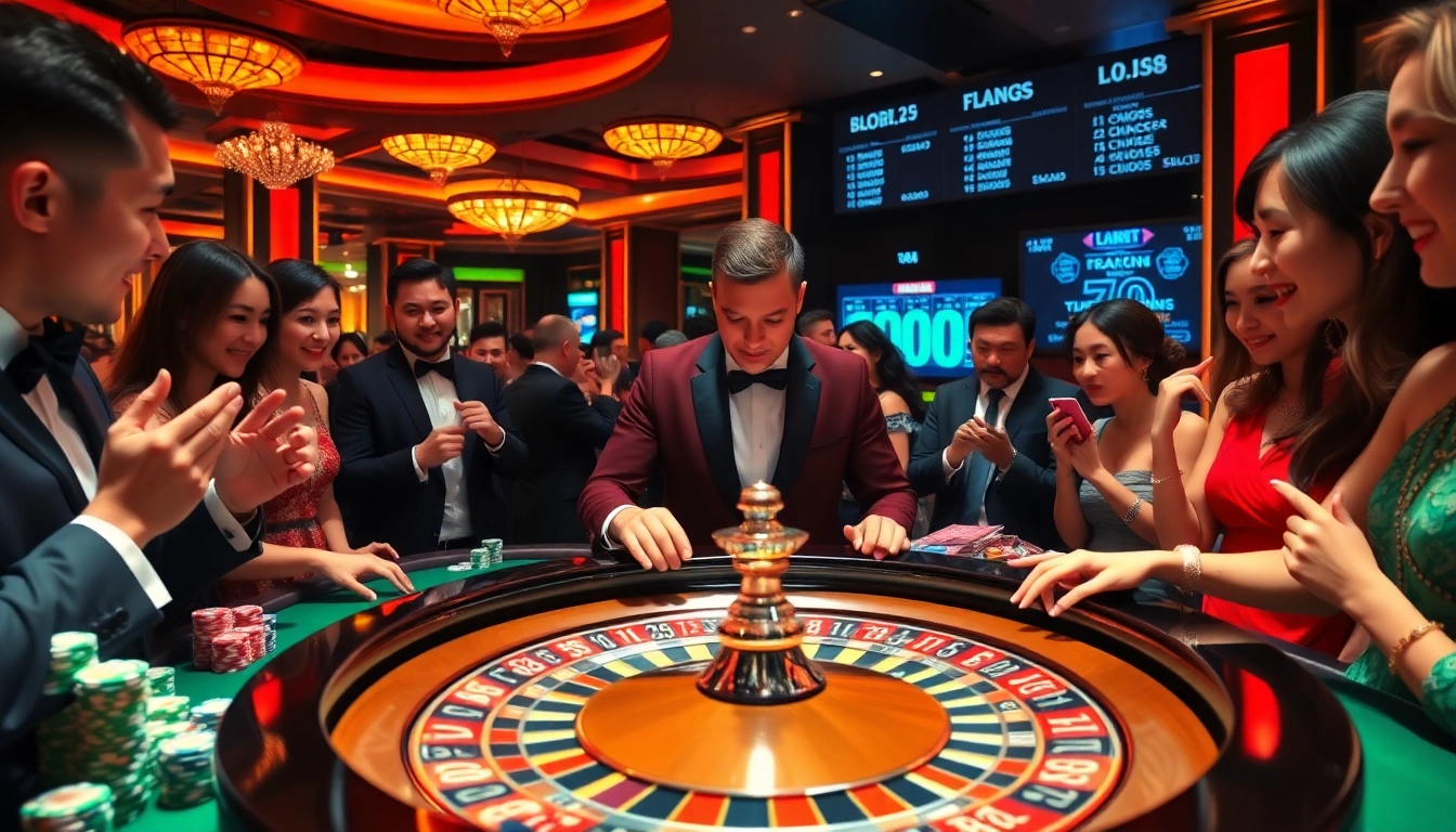 Exciting game scene at a casino with roulette highlighting tg88 sale chip stacks.