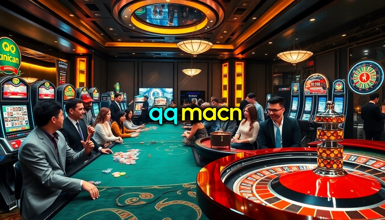 Experience the excitement of qqmacan with vibrant casino scenes featuring slot machines and happy gamblers.