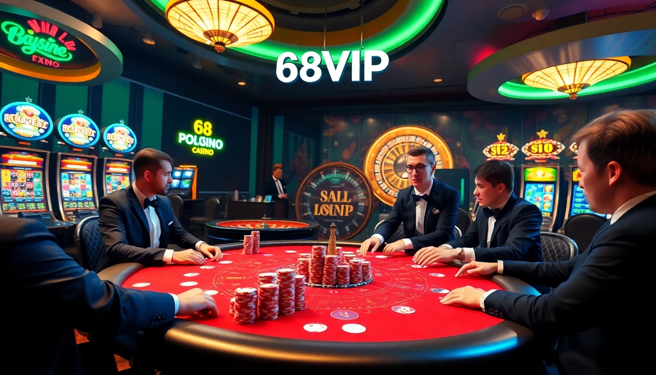 Players enjoy a lively poker game at 68VIP casino, highlighting excitement and luxury in online gambling.