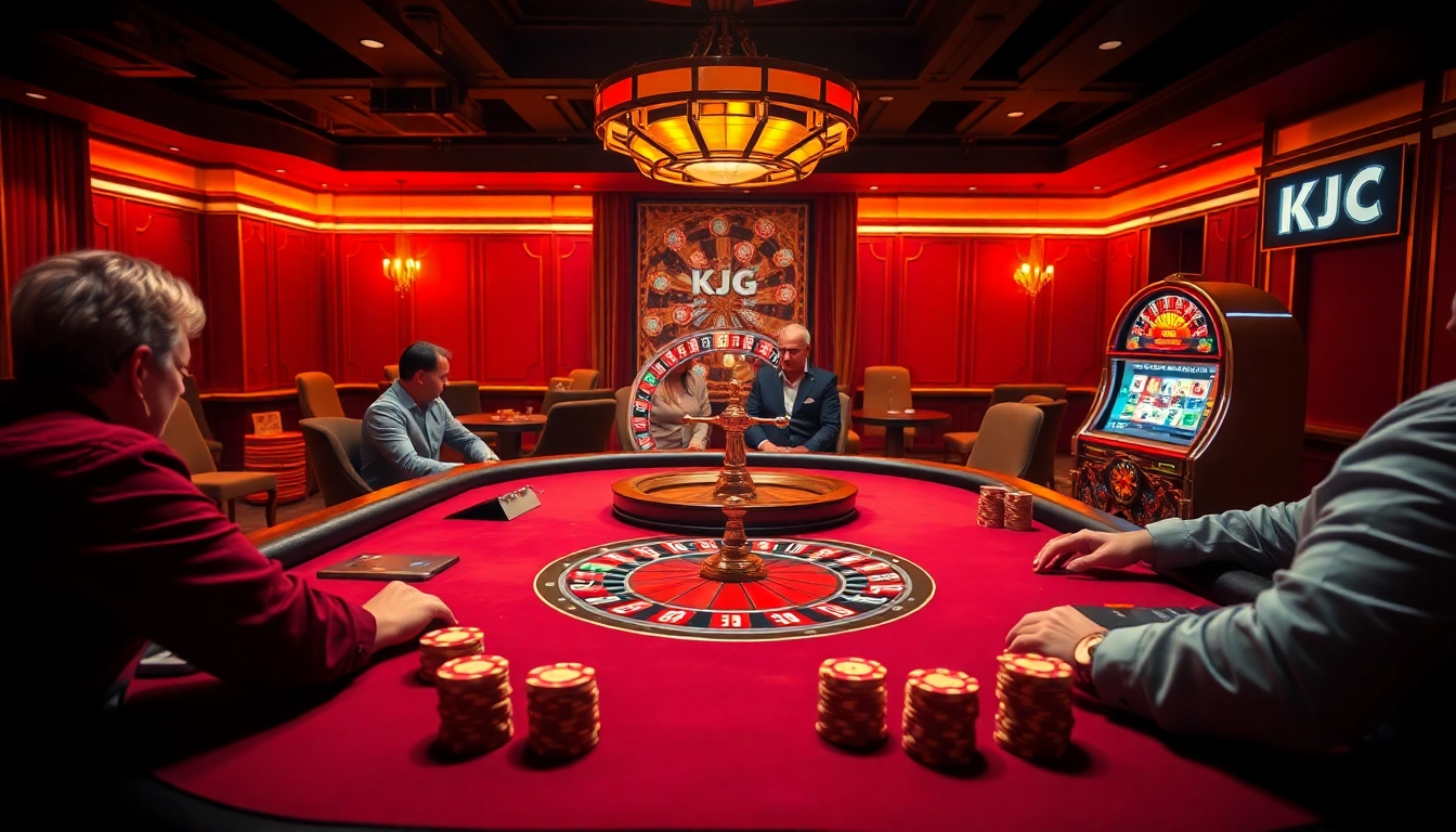 KJC poker players strategically betting at a luxurious casino table.